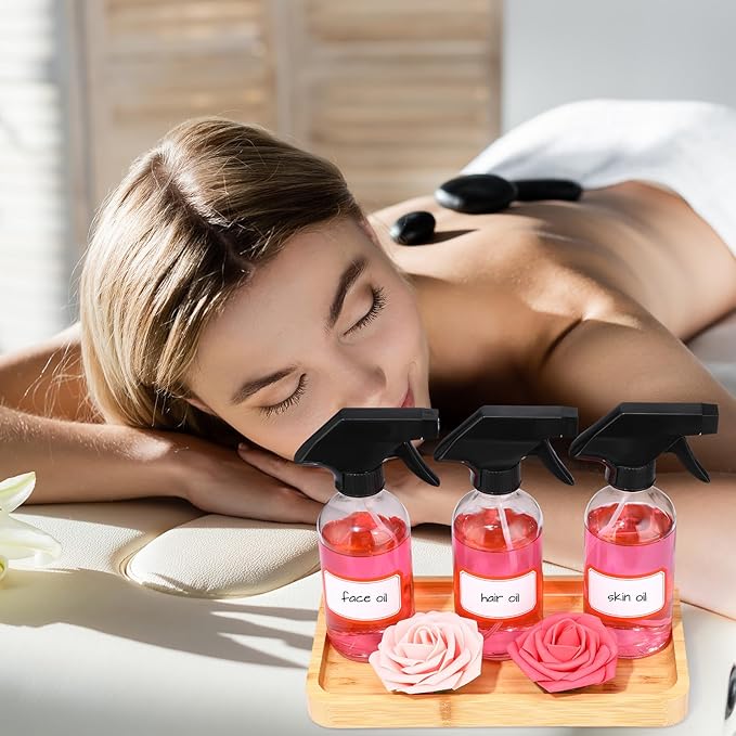 Norme 12 Pcs 8 oz Glass Spray Bottles with Funnels and Labels Refillable Cosmetic Empty Spray Bottles with Sprayer Containers for Essential Oil Cleaning Solutions(Clear,Classic)