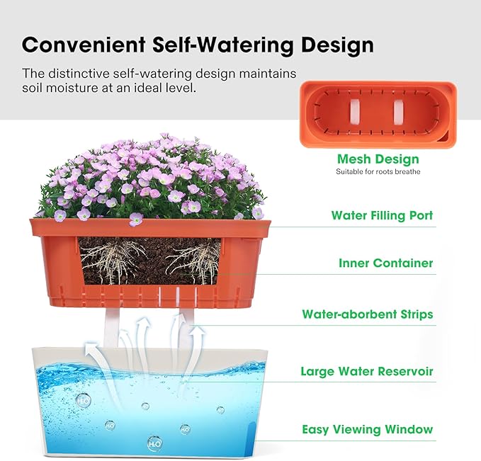 VIVOSUN Self-Watering Planters, 6-Pack 10.5 Inch Compact Rectangular Window Herb Planter Box with 10 PCS Plant Labels, Plant Container for Basil, Flowers, Succulents, Indoor & Outdoor
