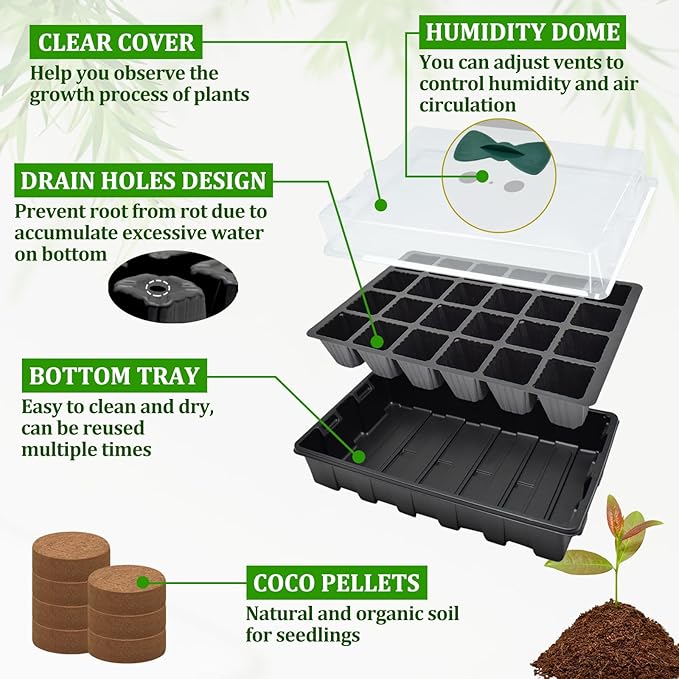 Halatool Seed Starter Kit, 2 Pack Seed Starter Trays with 50 Pcs Coco pellets and 2 Garden Tools & 100 Plant Labels, Greenhouse Indoor Seed Germination System for Herbs, Vegetables and Flowers (Black)