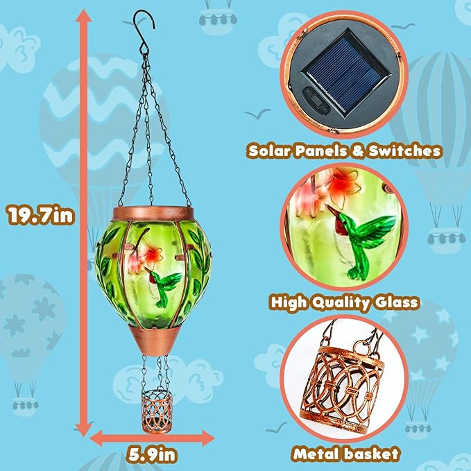 Hummingbird Solar Hot Air Balloon Lantern,Outdoor Decor with Flame Lights Waterproof, Hanging Lights for Garden Yard Lawn Patio, Unique Gifts for Women Mom Grandma Gardener for Mother'Day