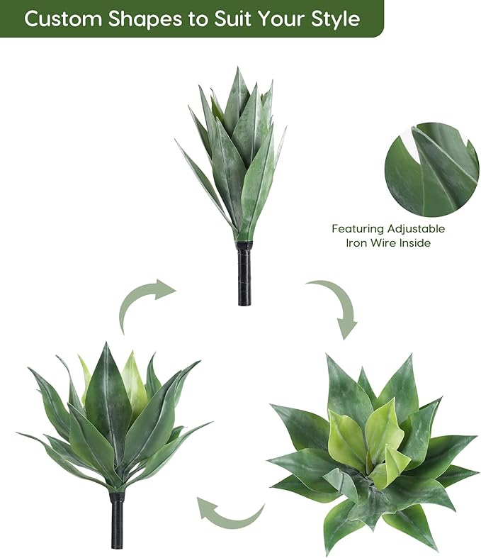 Velener Artificial Outdoor Agave Plants, Outdoor Faux Plants with Broad Leaves, Small Size UV Resistant Fake Agave Plants for Indoor and Outdoor Decor(14 Inch)-2 Pack