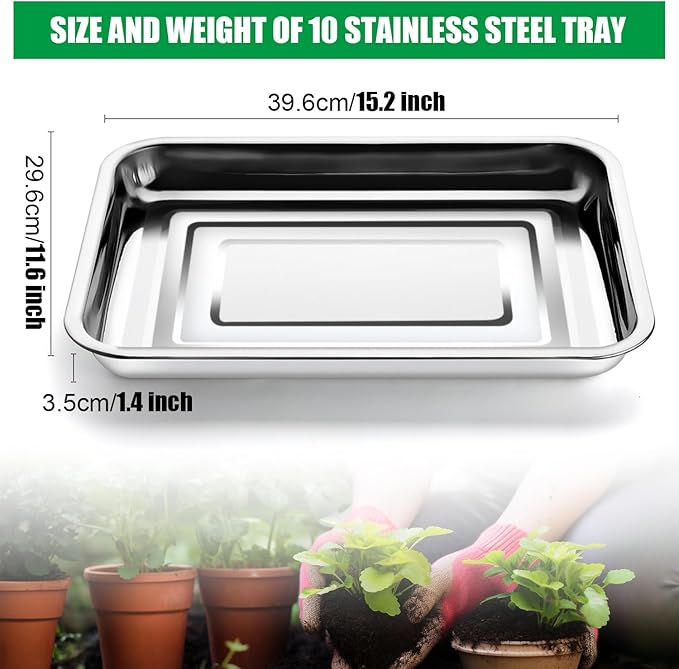 Stainless Metal Trays, Stainless Steel Seed Starter Carry Tray Fit 54 Cell Plug Tray, Nursery Seedling Pots Water Collection Transplantation (11.6 inch×15.2 inch, 1.45" Height, 10-Pack)