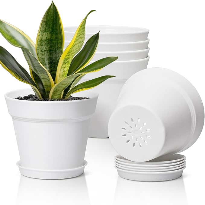 T4U 7.5 Inch Plant Pots 6 Pcs, Flower Pots for Plants, Plastic Planter Pots for Indoor Plants with Drainage Holes and Saucer (6 Pcs, 7.5", White)