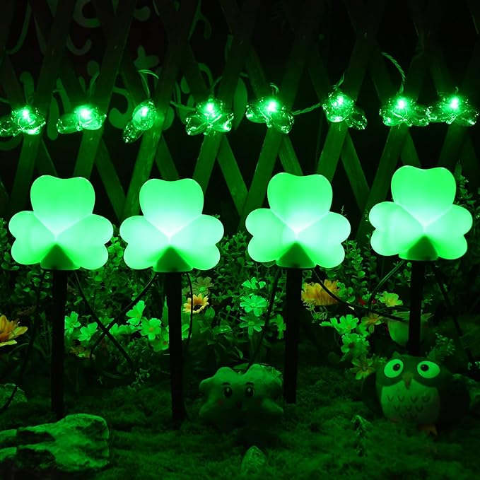 2 Sets 4 Pack St. Patricks Green Shamrock Pathway Lights Outdoor for St. Patricks Day Decorations, C7 LED Green Lucky Clover Garden Lights Waterproof, UL Certified for Lawn Yard Walkway Decor, Plug In