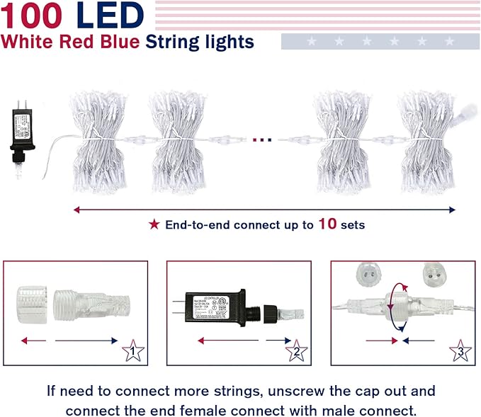 JMEXSUSS 4th of July Decorations Red White and Blue Lights, 33ft 100 LED String Light Indoor Plug-in, 8 Modes Patriotic 4th of July Lights for Indoor Outdoor Independence Day American Flag Holiday