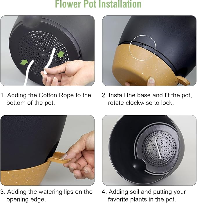 12 inch Large Self Watering Pots, Plant Pots with Mesh Drainage Holes for Indoor Outdoor Plants, Plastic Planters with Deep Reservoir for Garden House Flower Plants, Black with Brown