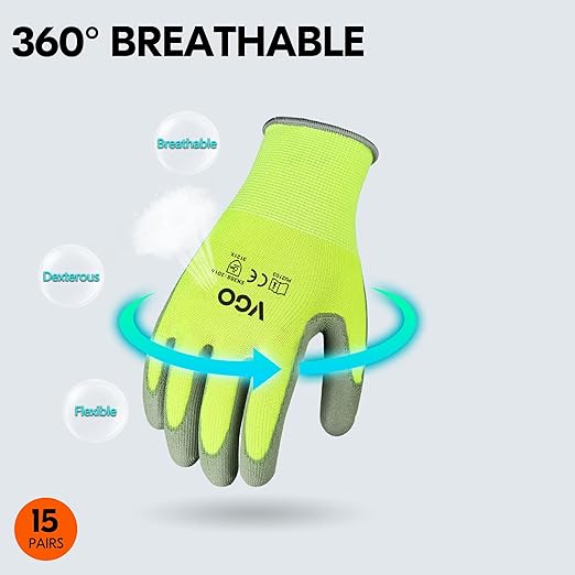 Vgo... 15-Pairs Safety Work Gloves, Gardening Gloves, Polyurethane Coated, Dipping Gloves, Latex Free (Size L, Yellow, PU2103)