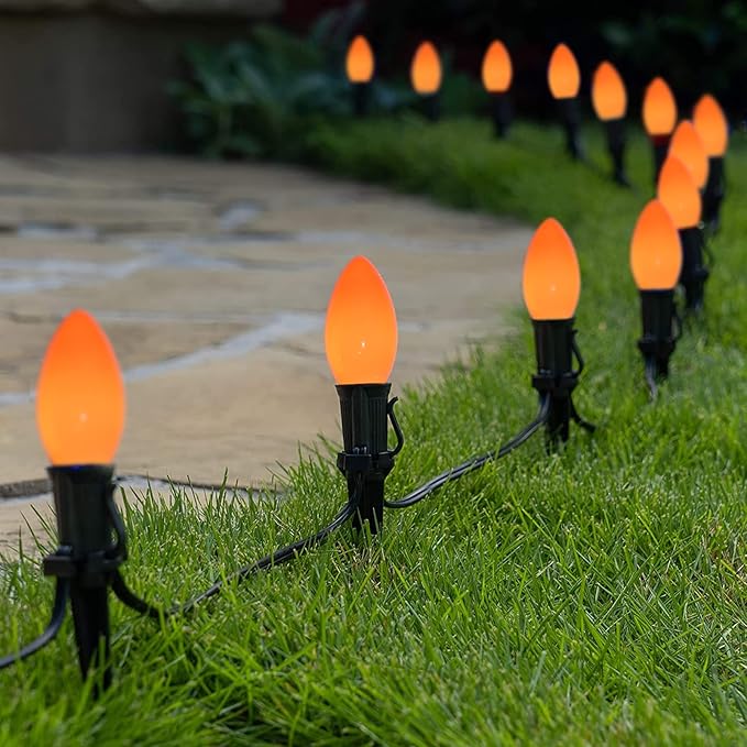 25Ft Halloween Ceramic String Lights, C9 Opaque Orange String Lights with 25 Vintage Bulbs, Outdoor Hanging Lights for Halloween Party Christmas Tree Prom Decor, 7W, C9/E17 Base, Black Wire