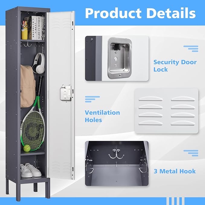Letaya Locker,1 Door Employees Storage Metal Lockers 66" Lockable Steel Cabinet for School Gym Home Office Staff (1 Door)