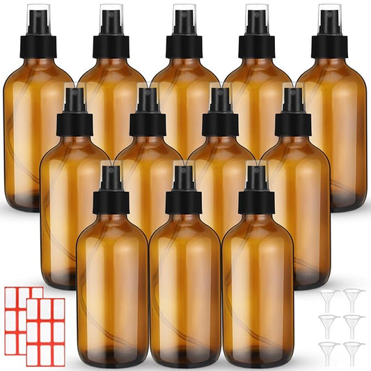 Norme 12 Pcs 8 oz Glass Spray Bottles with Funnels and Labels Refillable Cosmetic Empty Spray Bottles with Sprayer Containers for Essential Oil Cleaning Solutions(Amber,Stylish)