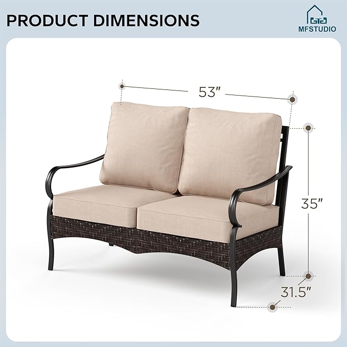 MFSTUDIO 2 Seat Outdoor Patio Furniture Set, Rattan Wicker Patio Sectional, Metal Outdoor Conversation Set Loveaeat Sofa for Garden Backyard