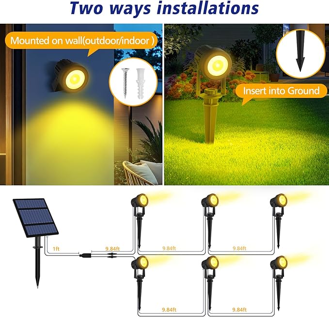 T-SUNUS Halloween Solar Spot Lights 6-in-1 Outdoor Warm White 3000K Landscape Spotlight IP65 Waterproof Separated Panel Spotlights with 9.8ft Cable Auto On/Off for Christmas Tree Lawn Driveway Pathway
