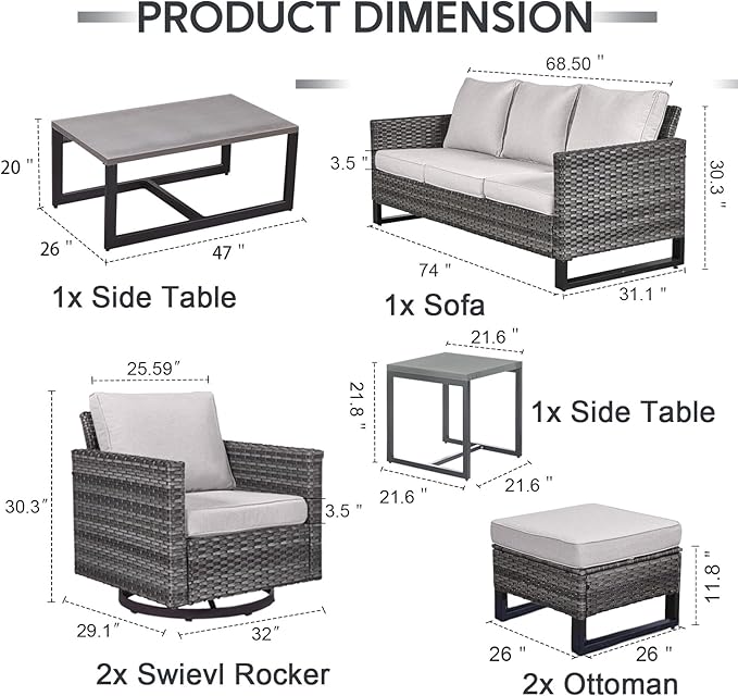 7 Piece Wicker Patio Furniture Set - Outdoor Swivel Rocker Chairs Set with Coffee Table, Side Table, 3 Seat Sofa & Ottomans, Small Patio Conversation Sets for Balcony Deck - Grey/Beige