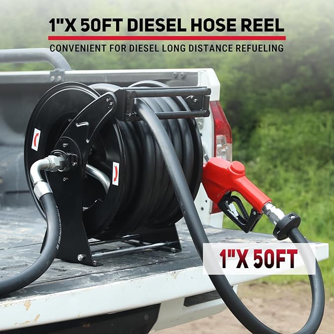 Retractable Fuel Hose Reel 1" x 50' with Fueling Nozzle, 300 PSI Heavy Duty Steel Construction Industrial Auto Swivel Spring Driven Diesel Hose Reel for Aircraft Ship Vehicle Tank Truck, Black