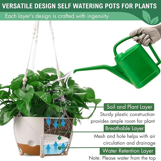 10 Inch Hanging Planters for Indoor Plants,Set of 2 Hanging Pots for Plants with Self-Watering, Outdoor Hanging Plant Pot with Drainage and 2 Kinds of Hanging Baskets Hangers for Home Decor and Garden