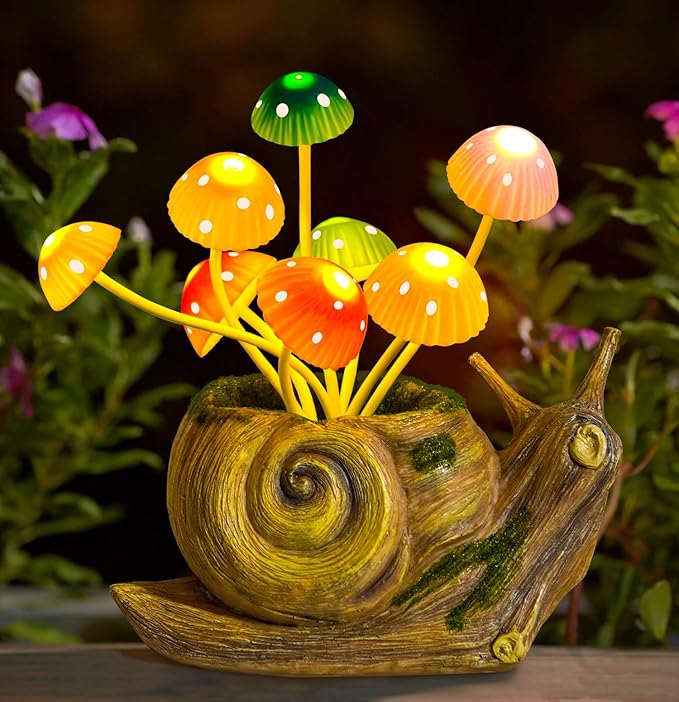 Solar Lights Outdoor Garden Statue,Cute Snails Figurines with Mushroom LED Solar Lights Fairy Garden Accessories,Birthday Gifts for Women Mom Gardening for Patio,Yard Art,Lawn Ornament,Porch,Backyard