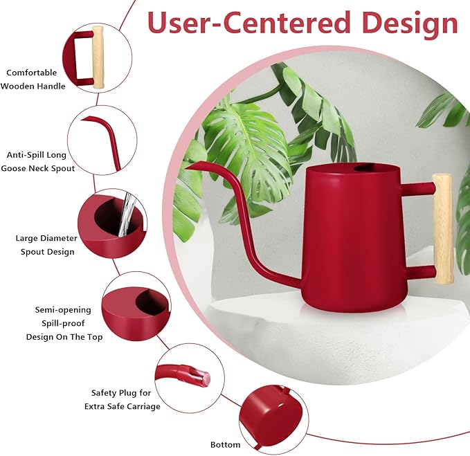 Watering Can Indoor Plants, 35oz Small Stainless Steel Metal Watering Can Modern Decorative Watering Pot with Long Spout for Indoor House Plant Bonsai Garden Flowers (Red)