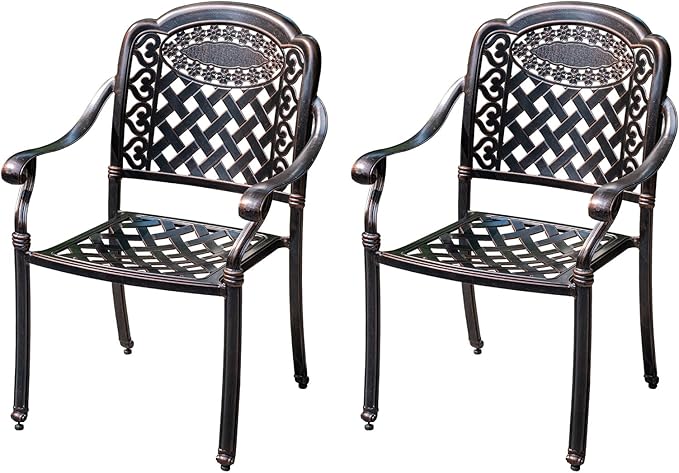 Outdoor Dining Chair Cast Aluminum Patio Chairs Set of 2 All-Weather Patio Dining Chair with Adjustable Feet for Backyard Garden (Slanted Grid Square Chair)