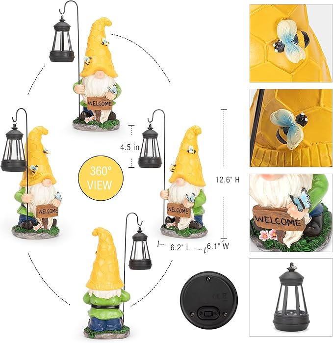 12.6'' Solar Garden Gnomes Outdoor Statues with Lantern, Welcome Gnome Garden Outdoor Decor Gift Waterproof Decoration for Patio, Balcony, Yard Ornament - Unique Housewarming Gifts