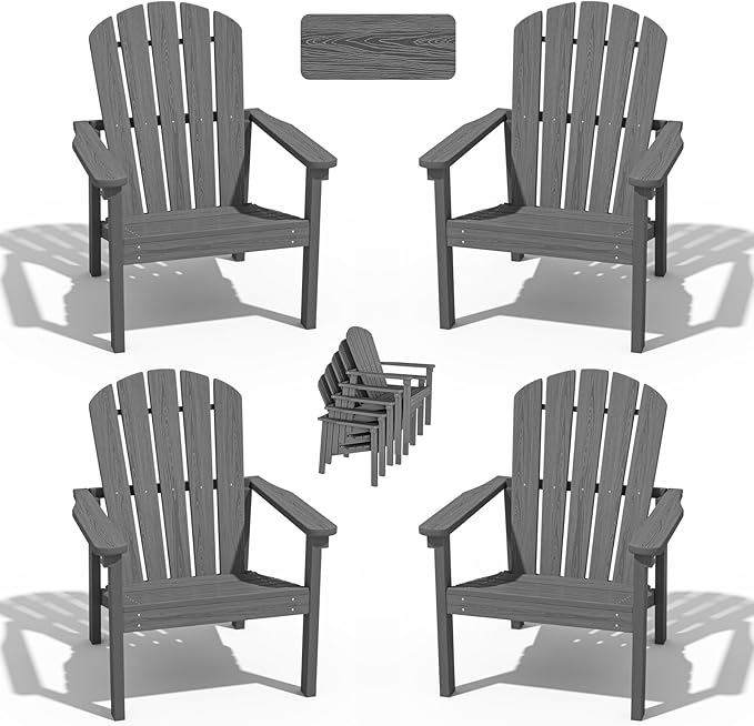 Stackable Adirondack Chair Set of 4, HDPE Outdoor Patio Chair - Durable and Space Saving, Suitable for Porches, Lawns or Garden, Grey