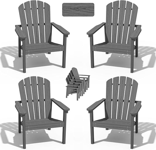 Stackable Adirondack Chair Set of 4, HDPE Outdoor Patio Chair - Durable and Space Saving, Suitable for Porches, Lawns or Garden, Grey