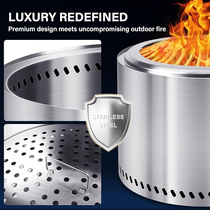 HGD 19.8" Smokeless Fire Pit Outdoor, Stainless Steel Wood Burning Firepit with Secondary Combustion, Backyard Patio Stove for Garden, BBQ & Bonfire