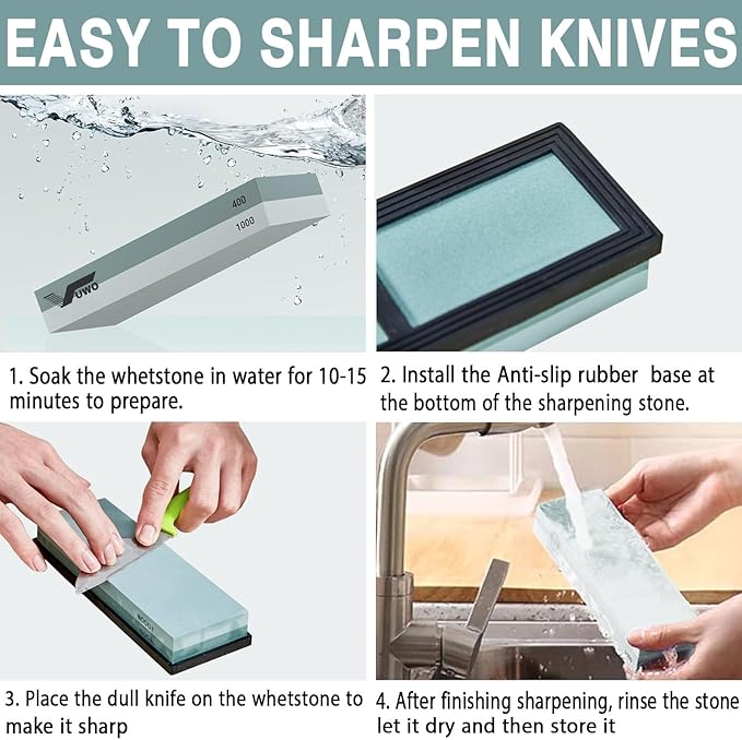 Knife Sharpening Stone Kit- Professional Knife Sharpener Wet Stone Dual Sided 400/1000 Grit with Non-slip Rubber Base Whetstone for Kitchen