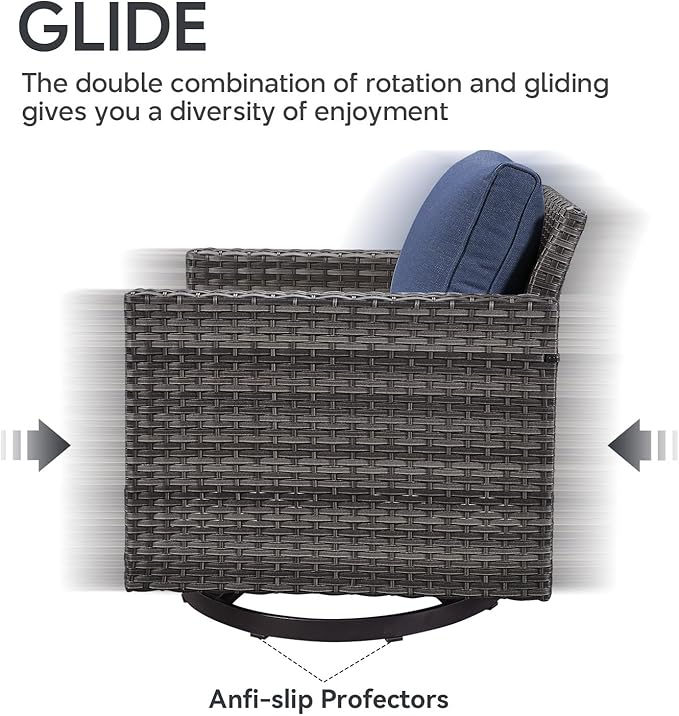 6 Piece Wicker Patio Furniture Set - Outdoor Swivel Rocker Chairs Set with Side Table, 3 Seat Sofa and Ottomans, Small Patio Conversation Sets Proch Furniture for Balcony Deck - Grey/Blue