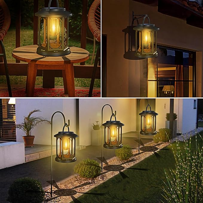Solar Lanterns Outdoor Waterproof,Hanging Solar Lights for Outside with Built-in Bulb,Outdoor Lantern Decor for Porch,Patio,Garden,Suitable for Daily Lighting or Festive Decoration,2 Pack