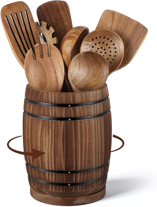 Honeydak Wooden Utensil Holder for Kitchen Counter, 360° Rotating Wine Barrel Design Large Cooking Spoon Crock Organizer, Rustic Vintage Burnt Wood Tool Holder for Farmhouse Kitchen, Gifts Decor