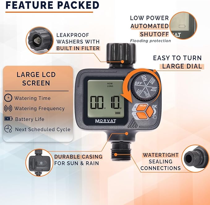 Morvat Sprinkler Timer Outdoor, Garden Hose Faucet Water Timer with Rain Delay, Programmable Automatic/Manual Modes, Watering Irrigation Timer System + Teflon Tape, 2 Spare Washers & 2 Filter Washers