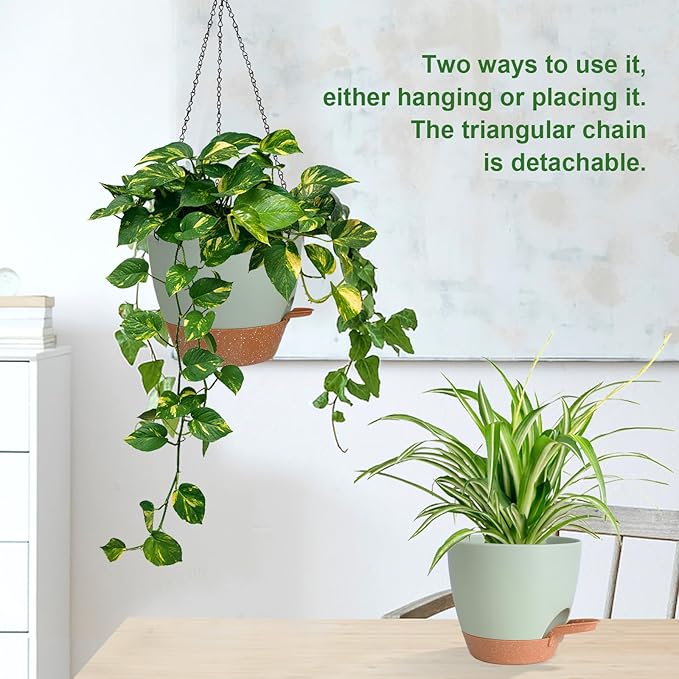 10/9/8 Inch Hanging Planter for Indoor Outdoor Plants, 3 Pack Self-Watering Hanging Pot with Drainage Holes Hanging Planter Baskets Plant Pots with Removable Tray (Green+Brown)