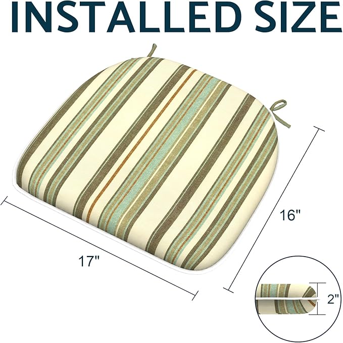 Indoor/Outdoor Chair Cushions 16x17 Inch, Patio Chair Cushions with Ties, All Weather Seat Cushions for Patio Furniture Home Garden Chair Use, Set of 2,Stripe Onyx