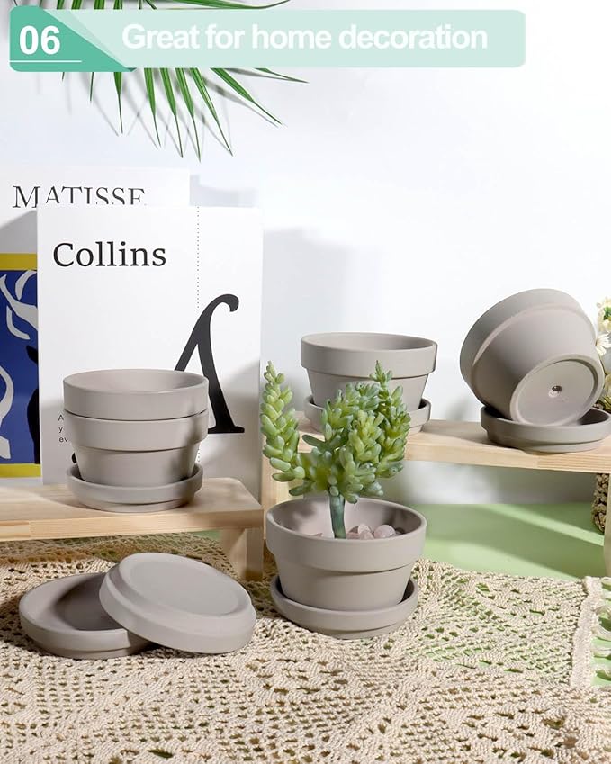 vensovo 4.5 Inch Grey Terracotta Shallow Succulent Pots - 6 Pack Terra Cotta Clay Pot with Saucer, Cacuts Indoor and Outdoor Planters with Drainage Hole