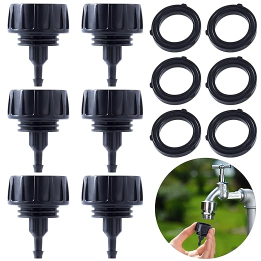 PAGOW Drip Irrigation Kit, 1/4 inch Fittings, Hose Adapter, Garden, Lawn, Black (6pcs Connector, 6 Washer)