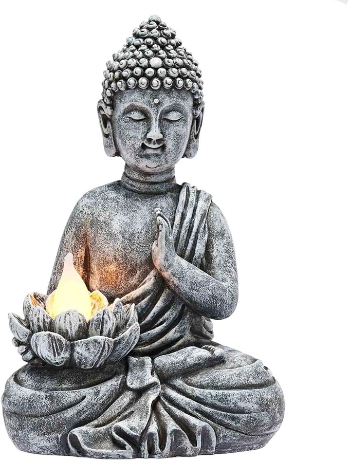 Solar Buddha Statue - Outdoor Zen Sculpture With Flickering LED Lotus Light - Waterproof Garden Decor Gift - 11.81 Inch