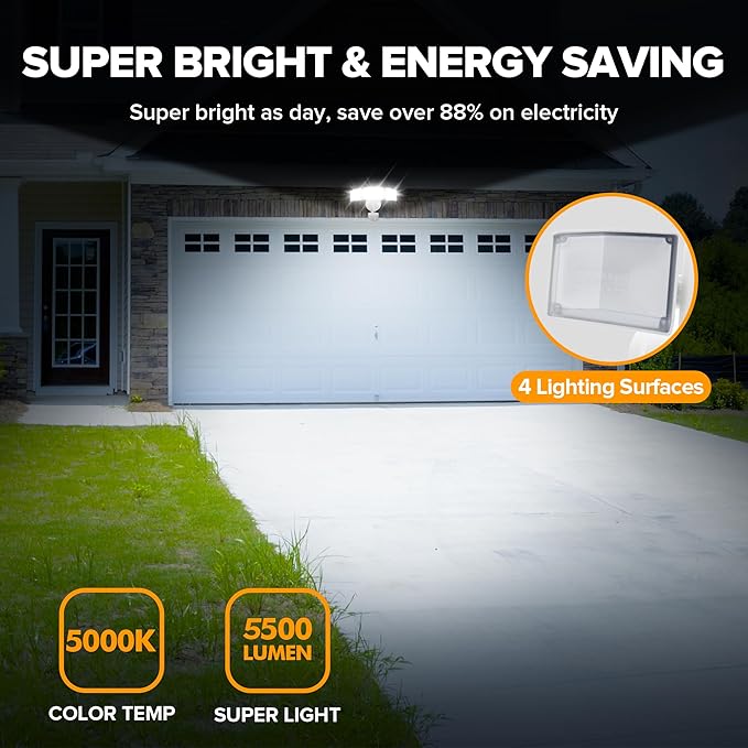 UME 49W 5500LM LED Security Lights Motion Sensor Light Outdoor, 5000K Daylight, IP65 Waterproof, Dusk to Dawn, 3 Head Motion Detected Flood Light for Garage, Yard, Porch(White)