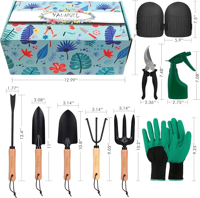 YAUNGEL Garden Tools - 10Pcs Garden Tool Set Heavy Duty Stainless Steel Gardening Supplies Hand Tools with Wooden Handle, Storage Tote Bag, Ideal Gardening Gifts for Women and Men, Black
