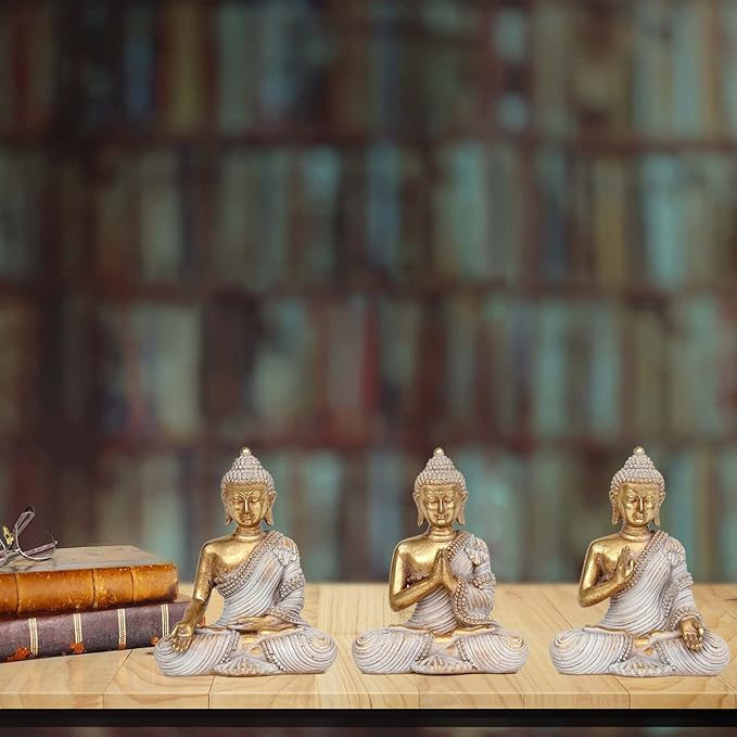 Buddha Statue for Home Decor Gold 4.3'' Set of 3-Small Buddha Statues for Zen Decor-Table Desk Spiritual Decor-Buddha Decor for Living Room-Indoor Buddha Gift for Relaxation, Meditation or Shrine