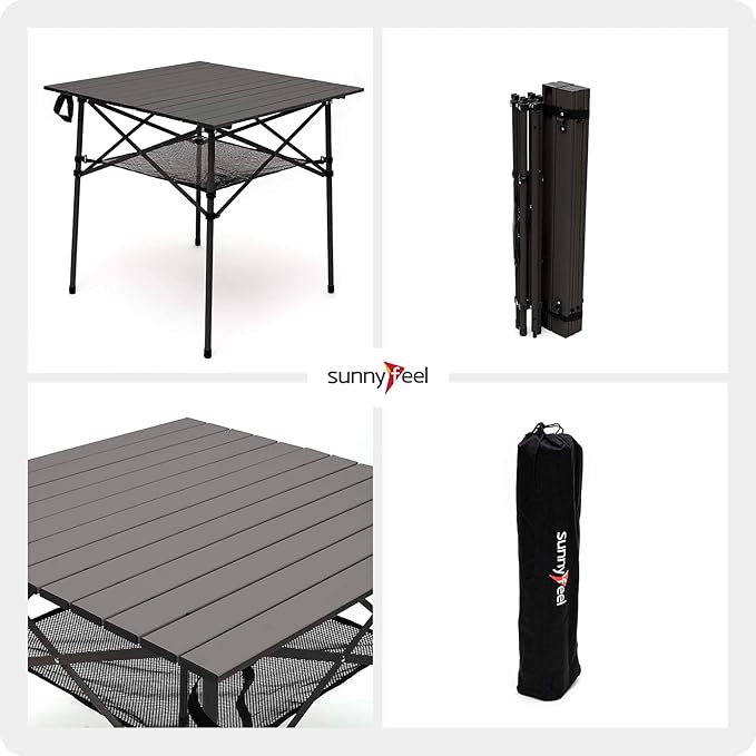 SUNNYFEEL Outdoor Folding Table | Lightweight Compact Aluminum Camping Table, Roll Up Top 4 People Portable Camp Square Tables with Carry Bag for Picnic/Cooking/Beach/Travel/BBQ
