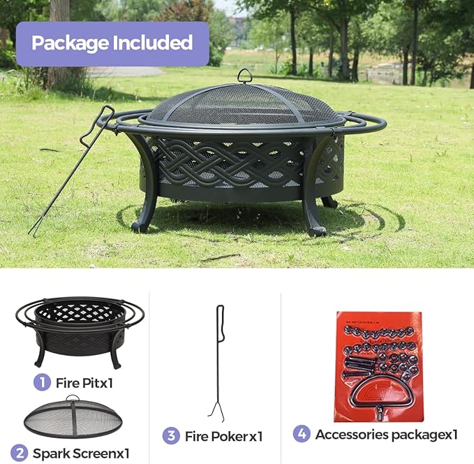 36 Inch Fire Pit with 2 Loops,Crossweave Wood Burning Fire Pits for Outside,with Spark Screen,Fire Poker,Round Outdoor Firepit for Patio,Yard,Garden,Camping,Bonfire(36''Black)