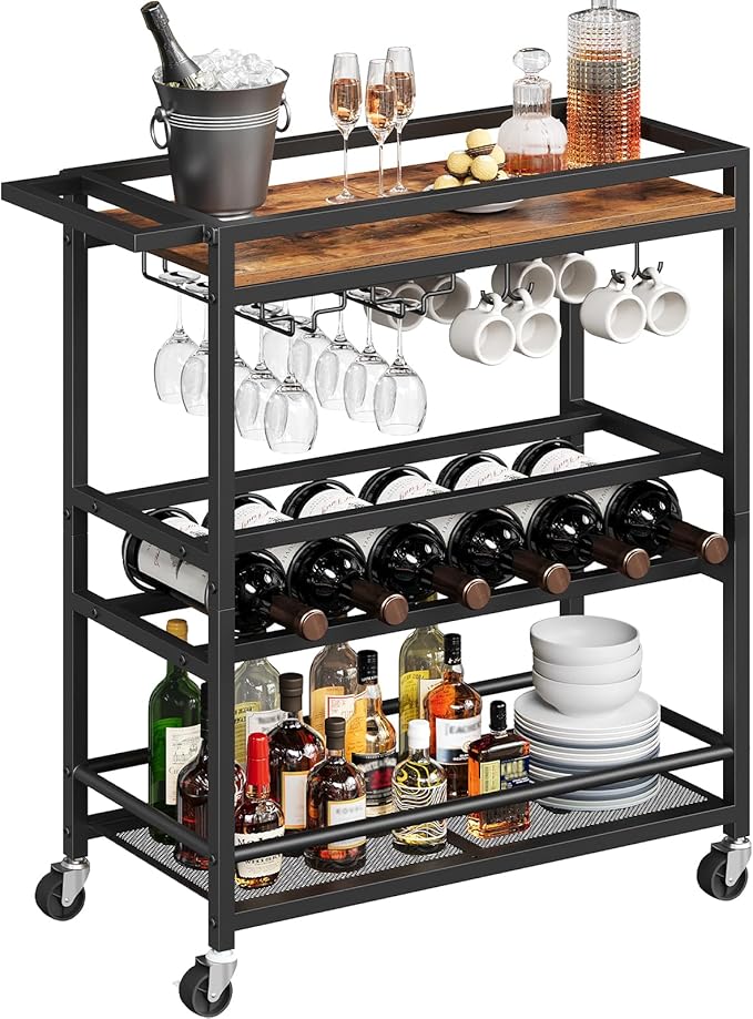 Bar Cart for Home, 3-Tier Serving Cart with Wine Rack, Rolling Wine Cart with Glass Holders, Beverage Cart, for Living Room, Dining Room, Rustic Brown and Black RCHR11801