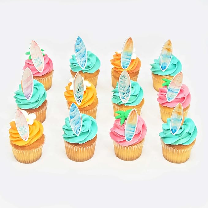 Ephlyn 54Pcs Edible Surfboard Cupcake Toppers Wafer Paper Surfboard Mini Accents for Swimming Pool Summer Beach Party Luau Birthday Baby Shower Party Supplies Blue Pink Yellow