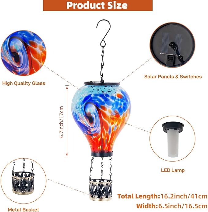 Starsoul 2 PC Hot Air Balloon Solar Lantern with Flame Glass Outdoor Hanging Hot Air Balloon Solar Light Waterproof Garden Patio Yard Party Decorations