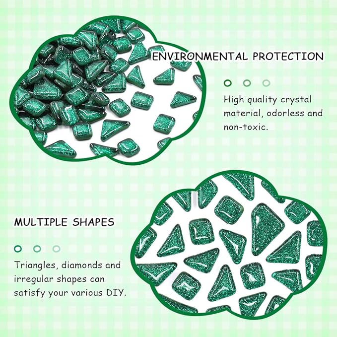Swpeet 1 Pound Deep Green Shine Crystal Series Mosaic Tiles Assortment Kit, Square and Triangle Genuine Mosaic Tiles Glitter Crystal Mosaic Perfect for Home Decoration Crafts
