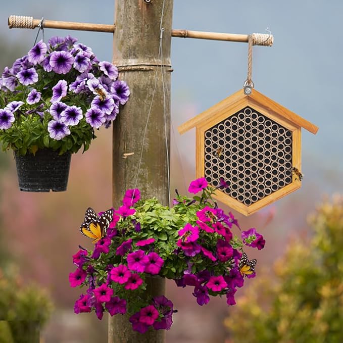 Mason Bee House Wax Coated Bee Hotel, Pollinator House Waterproof, Natural Handmade Wooden Mason Bee Hotel for Pollinating Bees Garden Supplies