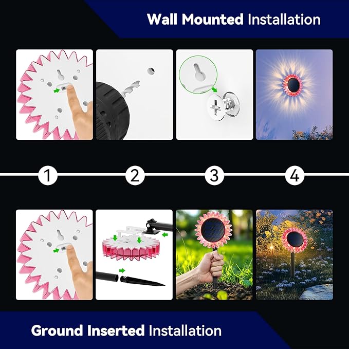 Hogni 4PK Solar Garden Lights, Ground Stake/Hang 2 in 1 Solar Sunflowers Outdoor Waterproof IP67, Outdoor Decor for Pathway Walkway Landscape Backyard Fence Decoration