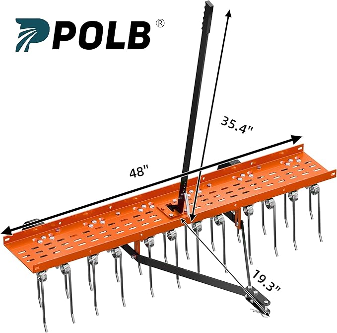 48" Tow-Behind Dethatcher with 24 Spring Steel Tines, Pull Behind Lawn Tractor Mower Grass Rake for Yard, Garden, and Farm Care – Removes Thatch, Leaves, and Pine Needles-Orange