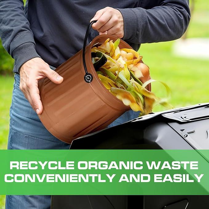 Plexon Countertop Compost Bin Kitchen Indoor, with Lid, Copper 1.5 Gallon Odorless Kitchen Compost Container, Steel Food Bucket Pail with Charcoal Filter, Bronze