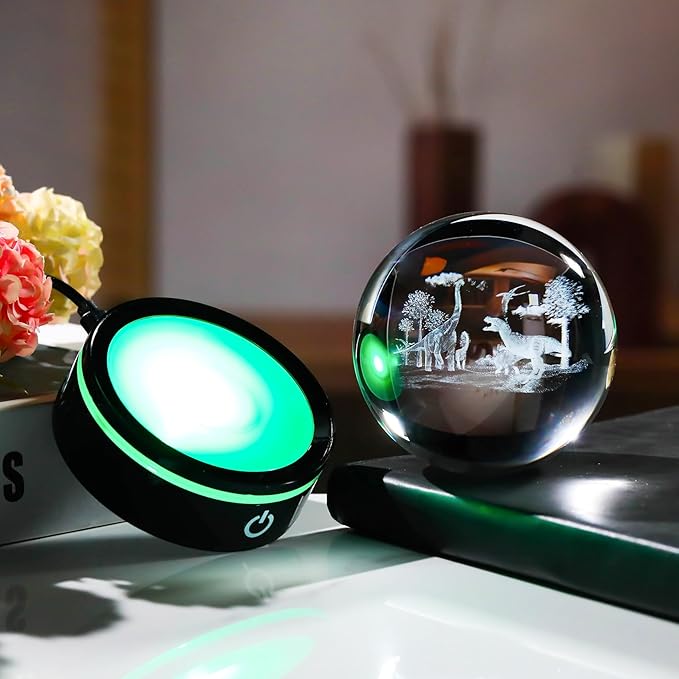 YWHL 3D Dinosaur Figurine Crystal Ball with Colorful Light Base, Dinosaur Gifts for Women Men on Christmas Birthday, 3D Laser Engraved Dinosaur Full Sphere Glass Decorative Ball for Home Office (80mm)